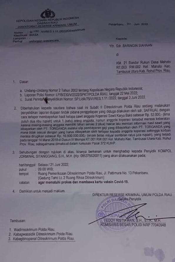 Diduga Gelapkan Uang Sawit, Ketua Koperasi Dilaporkan ke Polisi