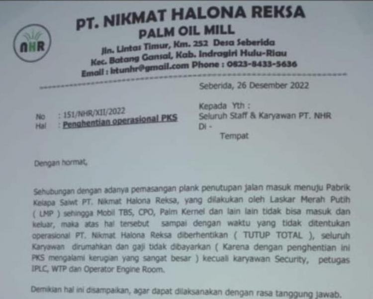 Akibat Konflik Internal, Ratusan Karyawan Pabrik Sawit Dirumahkan Tanpa Gaji 