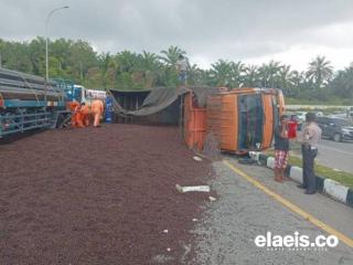 Truk Terguling Akibat Rem Blong, Inti Sawit Berserakan di Jalan Akses Pintu Tol Pekanbaru-Dumai