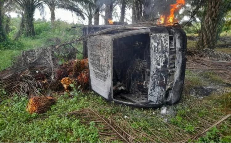 Pikap Maling Sawit Dibakar Warga di Tengah Kebun