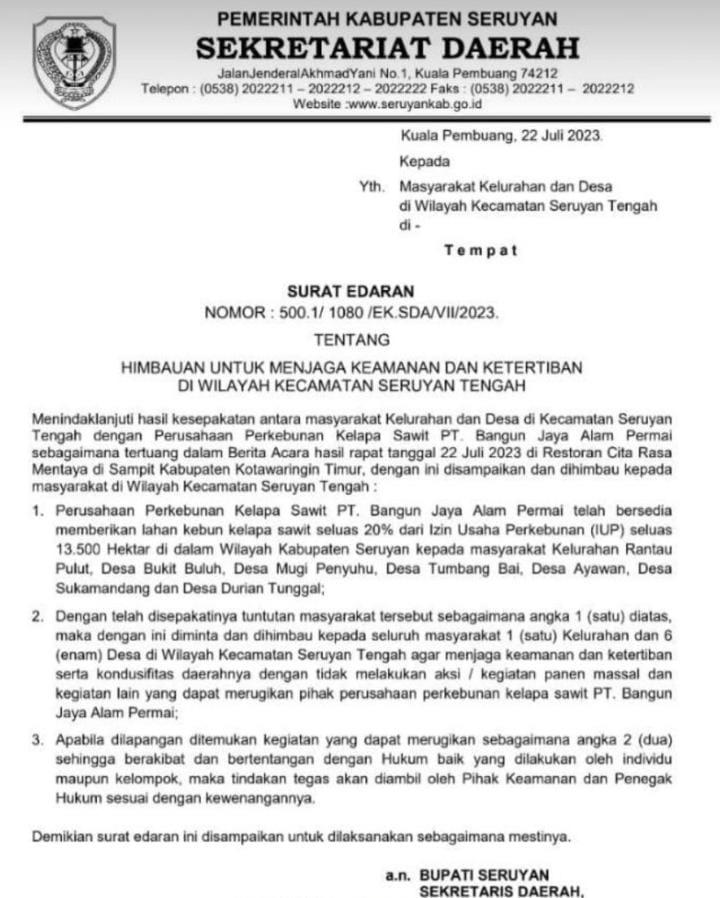 PT BJAP Sepakat Bangun Kebun Plasma Seluas 13.500 Hektar di Seruyan Tengah