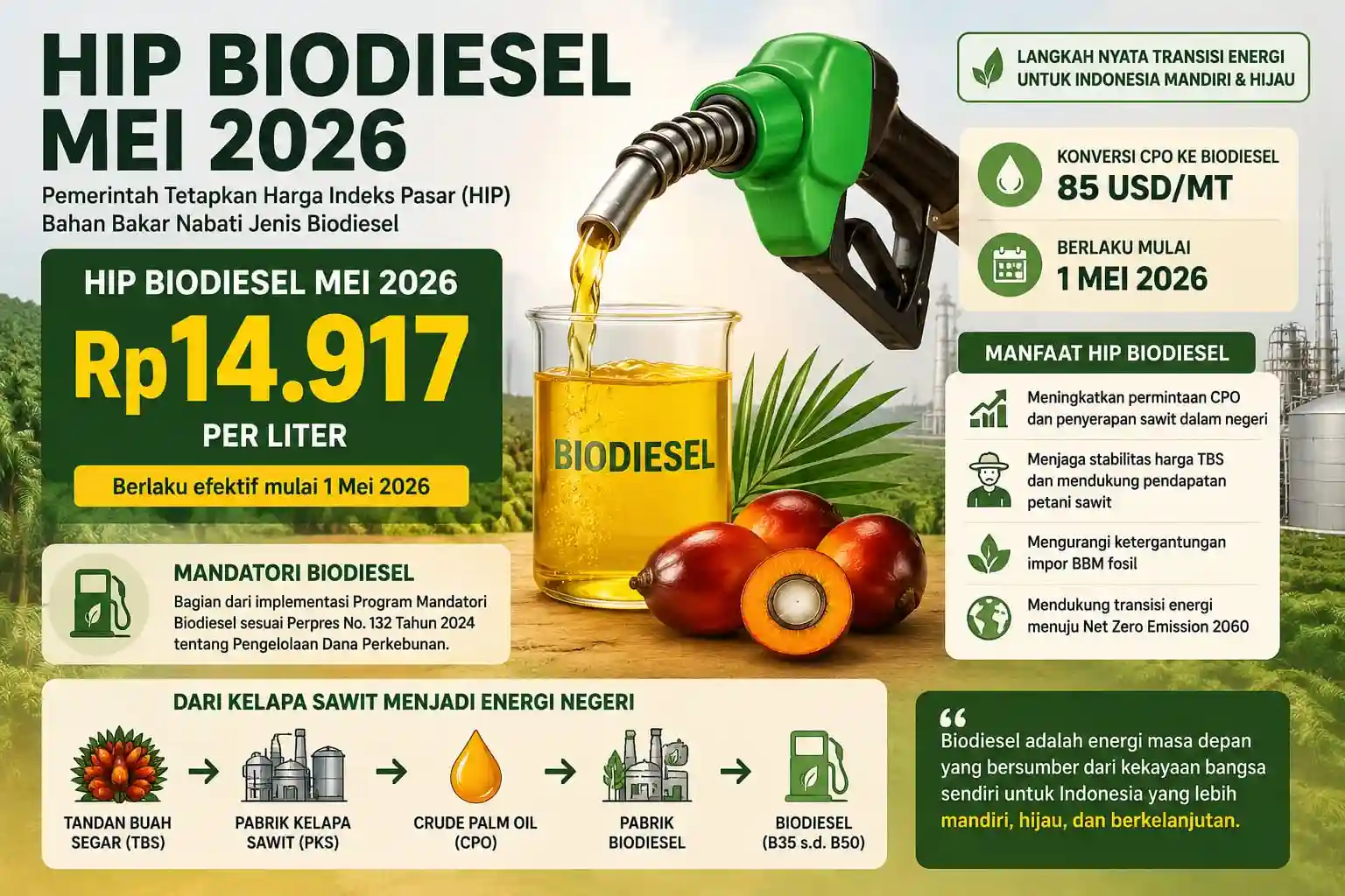 HIP Biodiesel Mei 2026 Naik Jadi Rp14.917/Liter, Petani Sawit Auto Tersenyum!