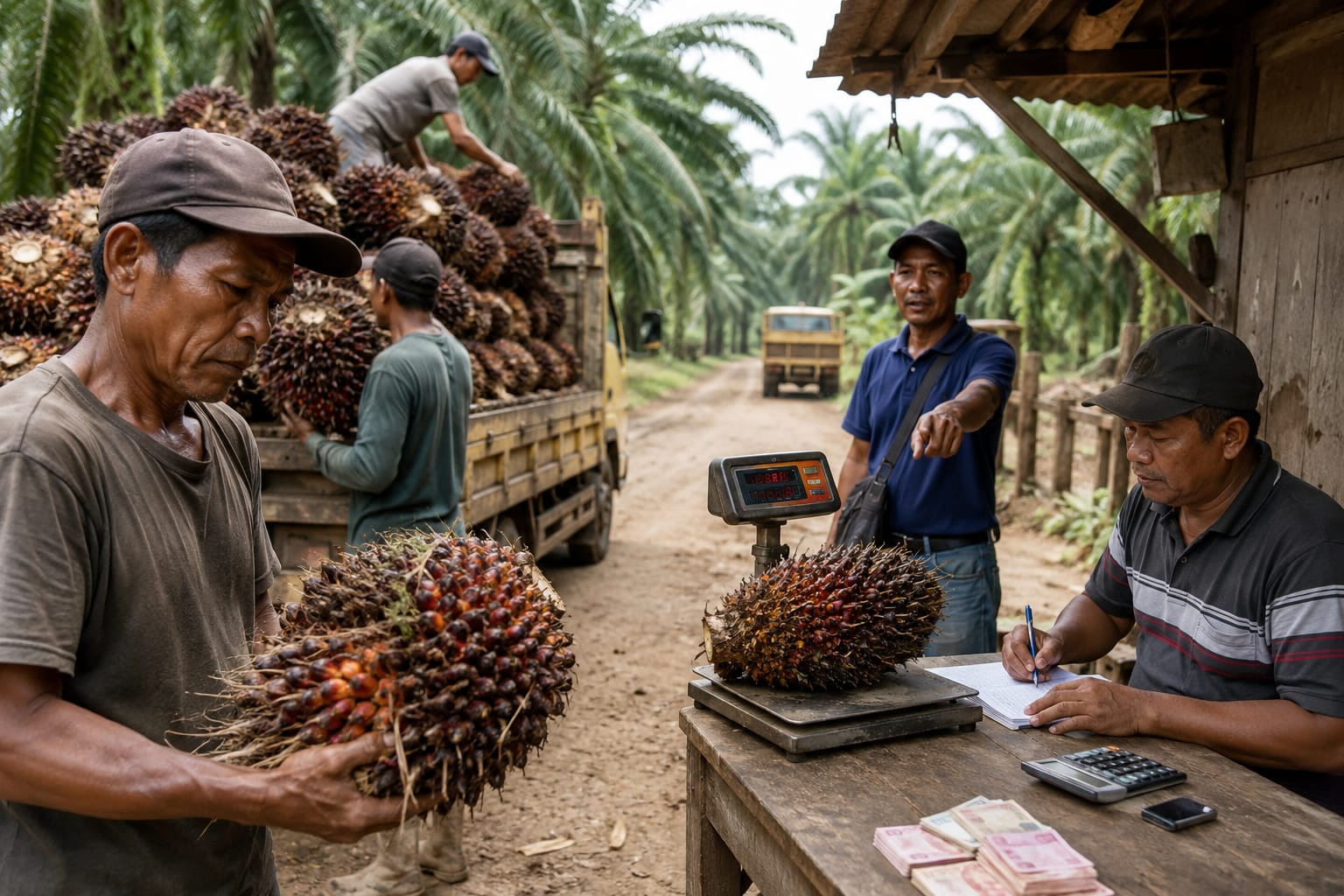 70 Persen Petani Sawit Ternyata Terjebak Jalur ‘Gelap’ Pedagang Pengumpul - Sebagian besar petani sawit swadaya diduga masih terjebak jalur pedagang pengumpul, membuat harga TBS jauh di bawah standar resmi.