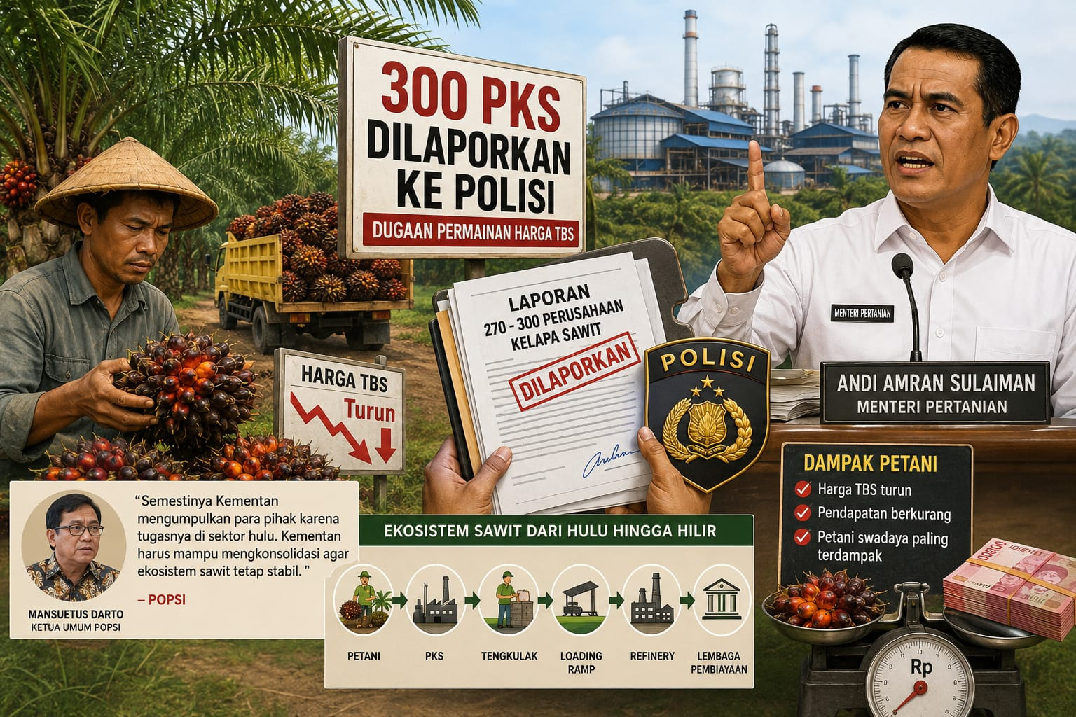 Imbas Dugaan Permainan Harga TBS, 300 PKS Dilaporkan Mentan Amran ke Polisi, POPSI Beri Tanggapan Tajam - Mentan Amran melaporkan 300 PKS ke polisi atas dugaan permainan harga TBS, POPSI beri tanggapan tajam soal dampaknya ke petani sawit.